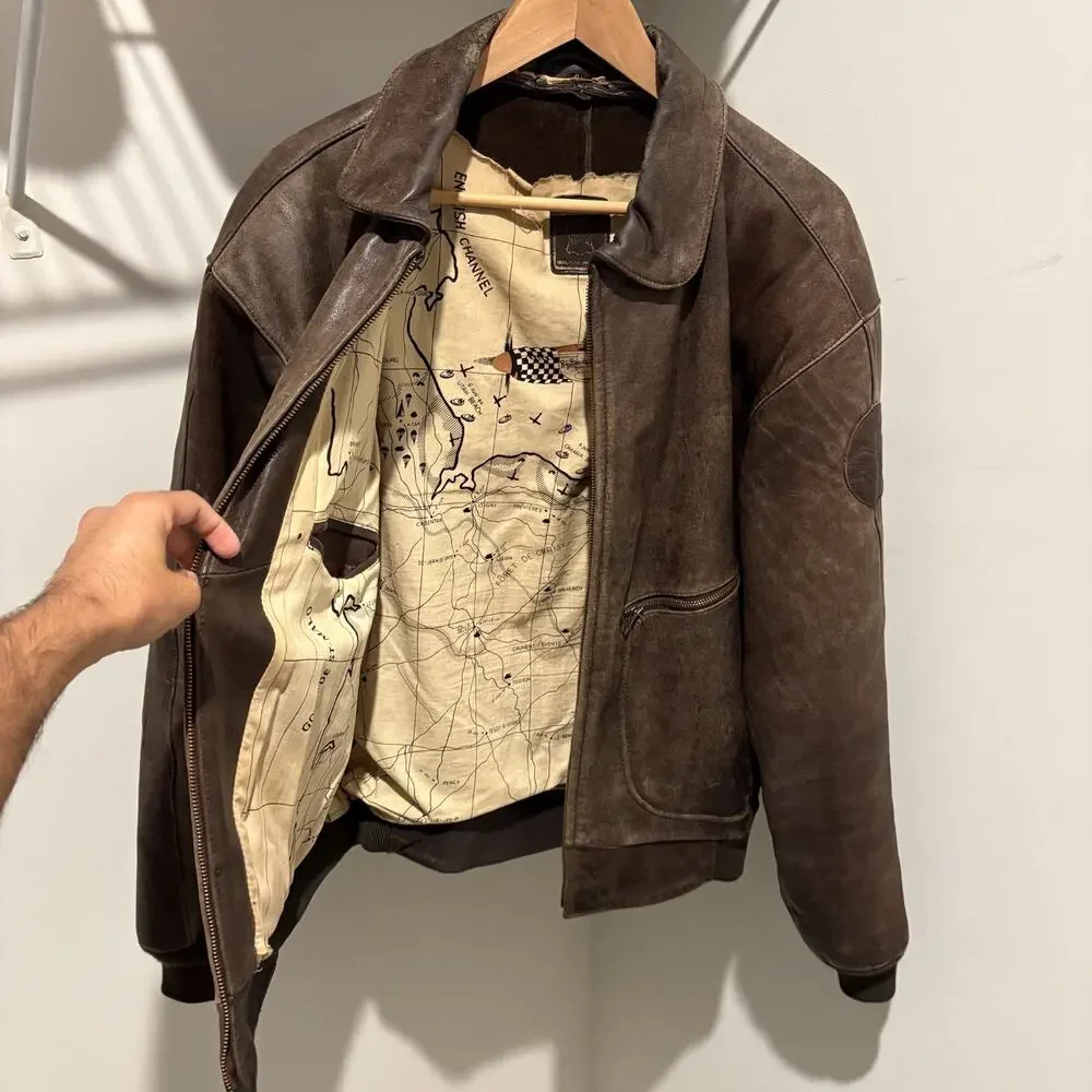 Vintage 1980s Hein Gericke Leather Bomber Flight Jacket Men's Size L Brown Map